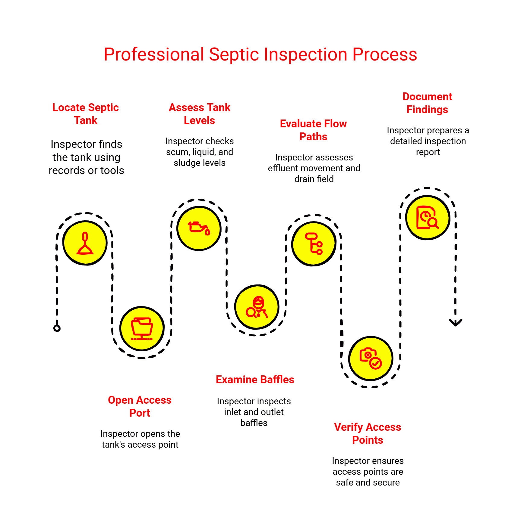 Infographic of the professional septic inspection process from locating the tank to documenting findings.