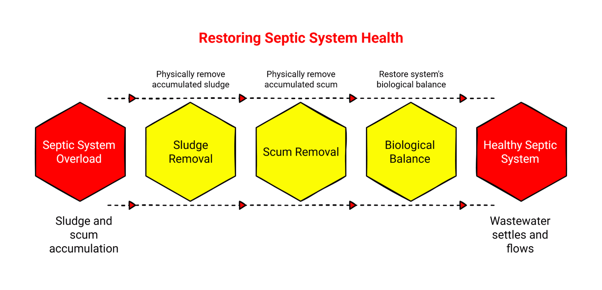 Flowchart from septic system overload to healthy septic system.