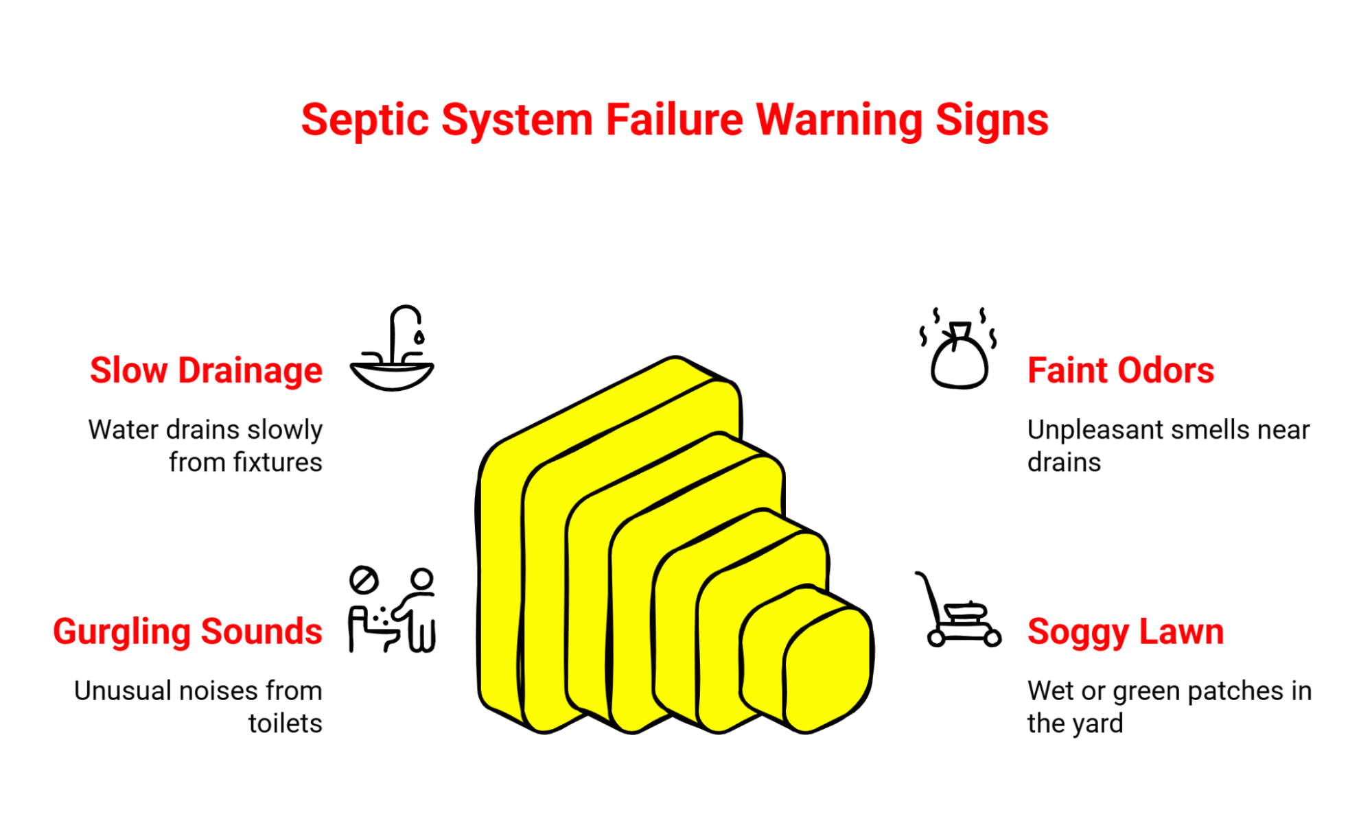 Flowchart from septic system overload to healthy septic system.