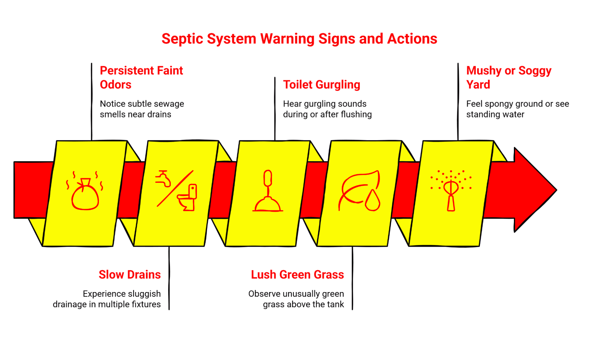 Diagram showing septic system warning signs and actions.