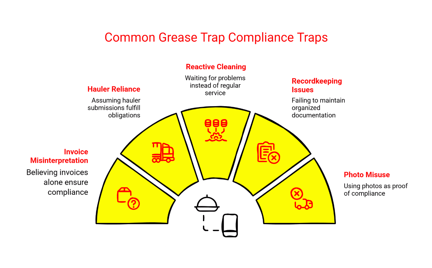 Common grease trap compliance traps: invoice misinterpretation, hauler reliance, reactive cleaning, recordkeeping issues, and photo misuse.