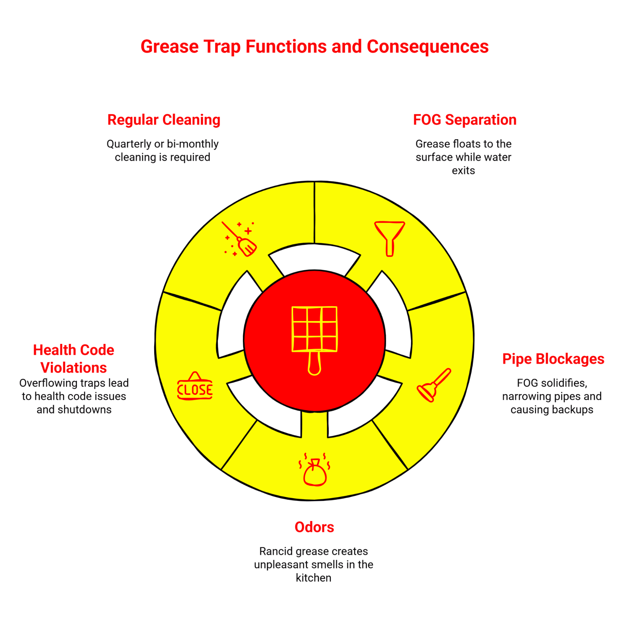 Circular diagram showing grease trap's central FOG separation function surrounded by five consequences of neglect: pipe blockages, odors, health code violations, and the need for regular cleaning.