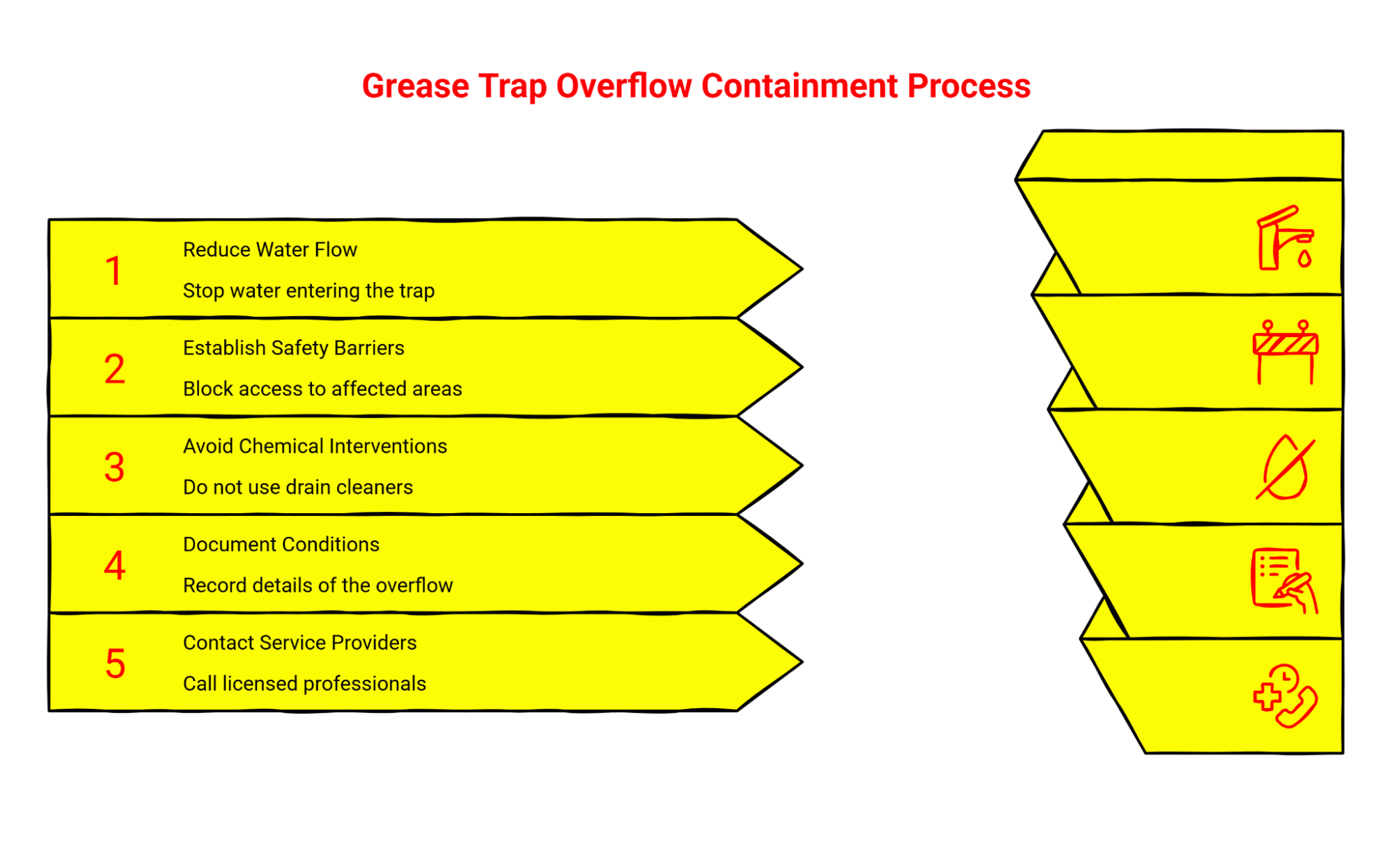 Five-step emergency response process for grease trap overflow: reduce water flow, establish safety barriers, avoid chemical interventions, document conditions, and contact service providers.
