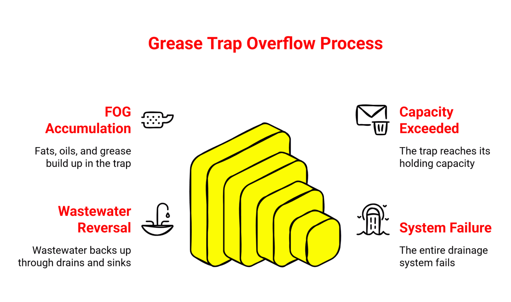 Four-stage cascade diagram showing grease trap overflow progression: FOG accumulation, capacity exceeded, wastewater reversal, and system failure represented by descending yellow blocks.