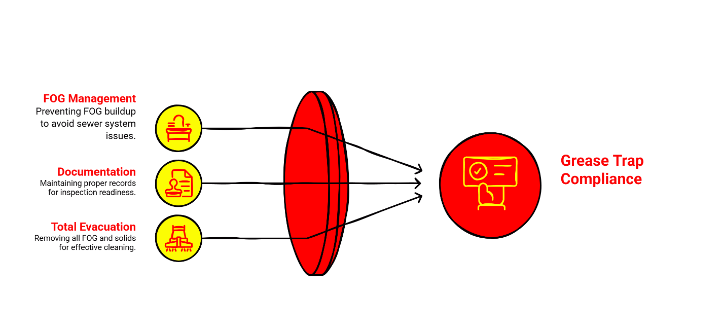 Three pillars of Houston grease trap compliance diagram - FOG management to prevent sewer buildup, proper documentation for inspection readiness, and total evacuation of FOG and solids for effective cleaning.