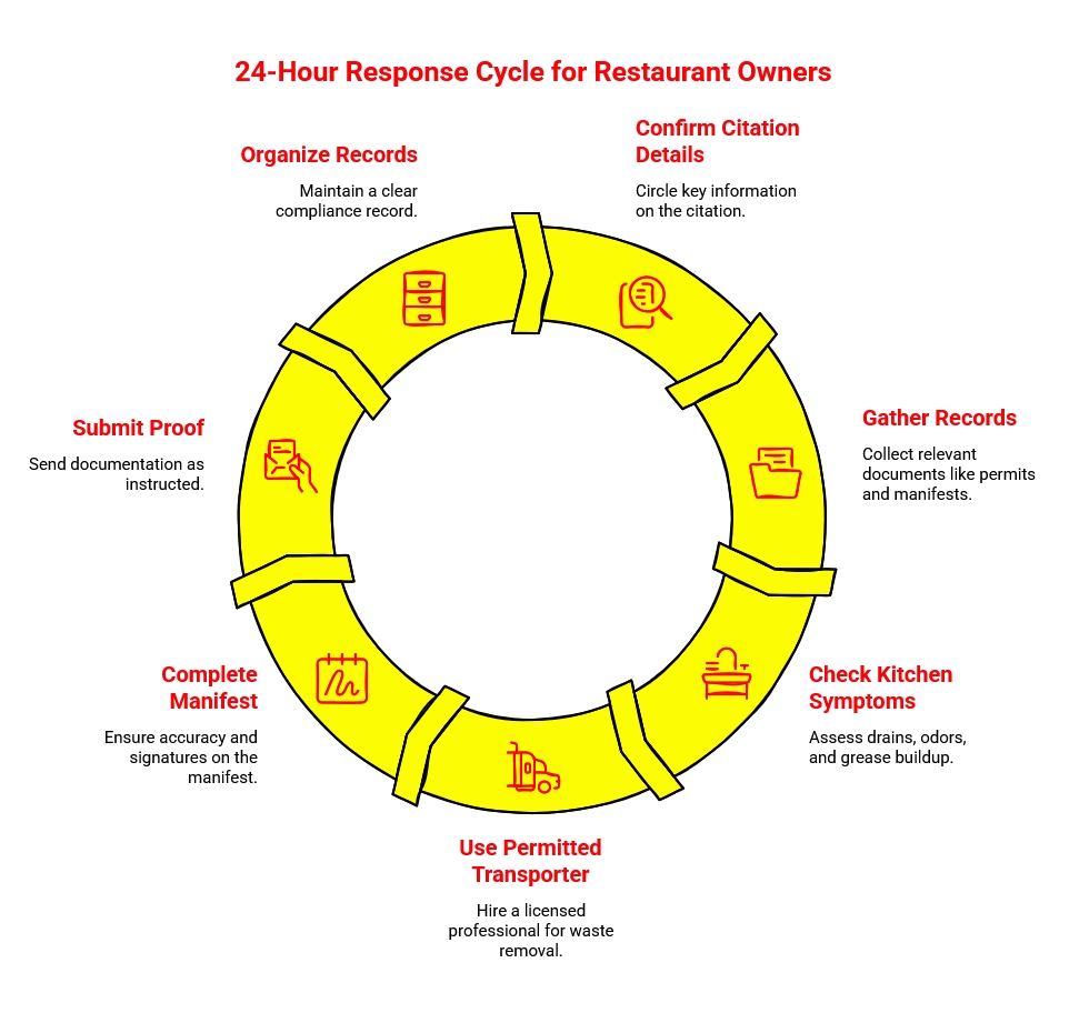 Circular infographic showing a 24-hour citation response cycle, including confirming details, gathering records, checking kitchen symptoms, using a permitted transporter, completing the manifest, submitting proof, and organizing records.