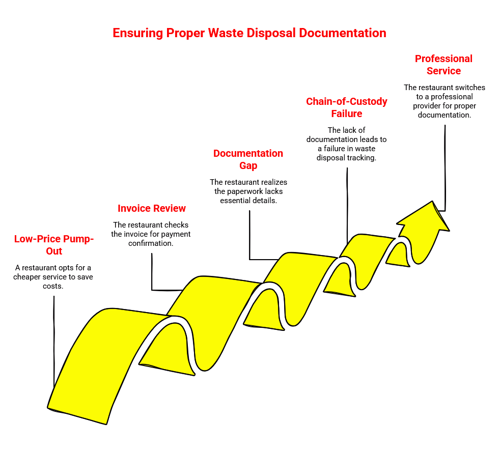 Infographic showing how poor grease trap documentation can progress from low-price pump-out to invoice review, paperwork gaps, chain-of-custody failure, and professional service.