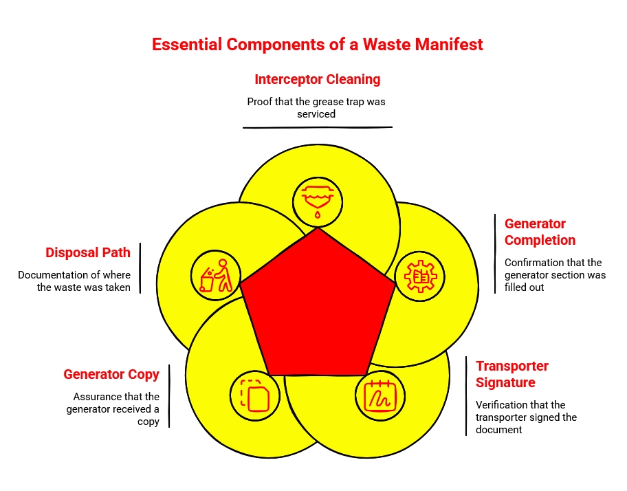 Infographic outlining waste manifest essentials, including interceptor cleaning, disposal path, generator copy, completion confirmation, and transporter signature.