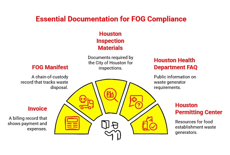 Graphic outlining key FOG compliance documents, including invoices, manifests, Houston inspection materials, health department FAQs, and permitting resources.