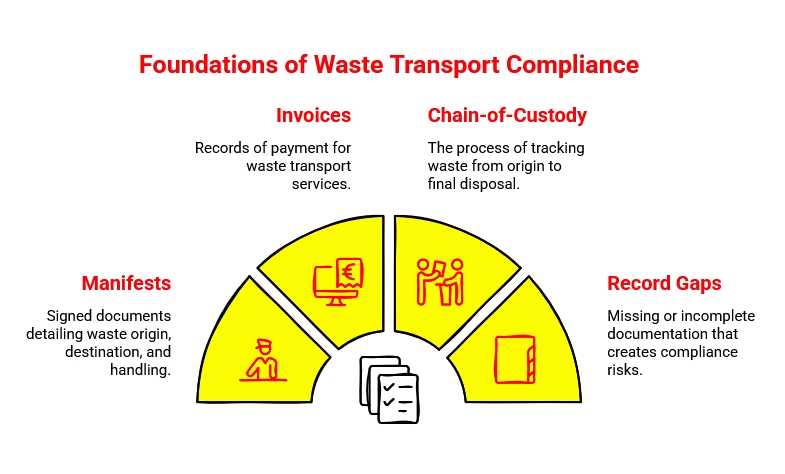 Infographic explaining waste transport compliance basics, including manifests, invoices, chain of custody, and record gaps that can create compliance risks.