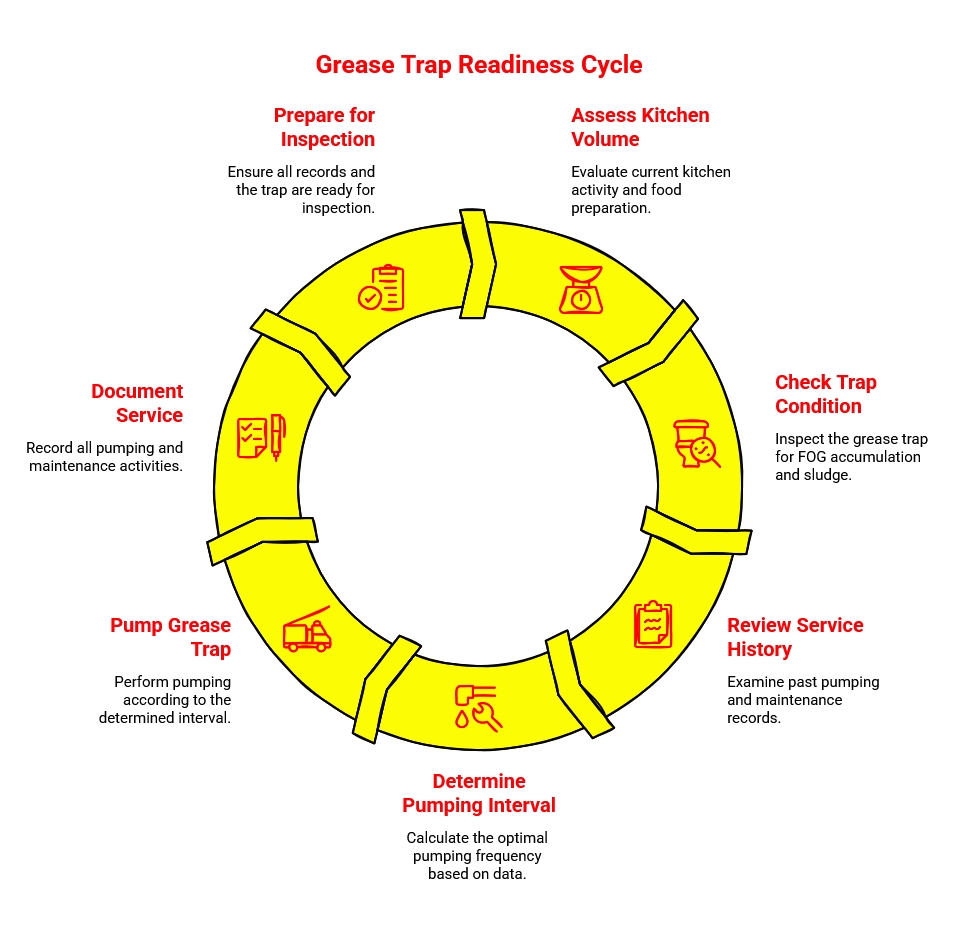 Grease Trap Readiness Cycle: Circular checklist showing steps for grease trap readiness, including inspection, service history, pumping intervals, documentation, and records.