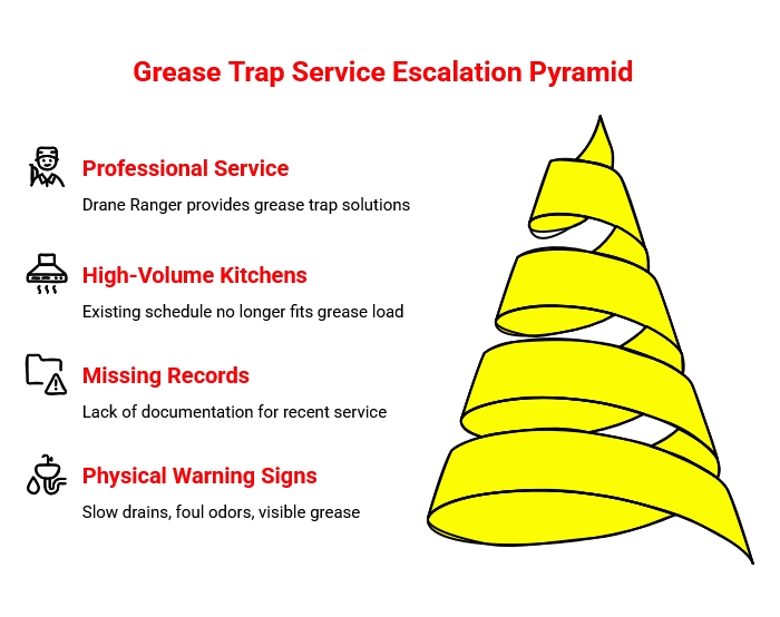 Infographic showing grease trap service escalation from physical warning signs and missing records to high-volume kitchens and professional service.