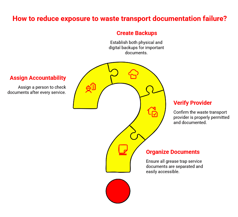 Question mark infographic showing ways to reduce documentation risks, including assigning accountability, creating backups, verifying providers, and organizing grease trap records.