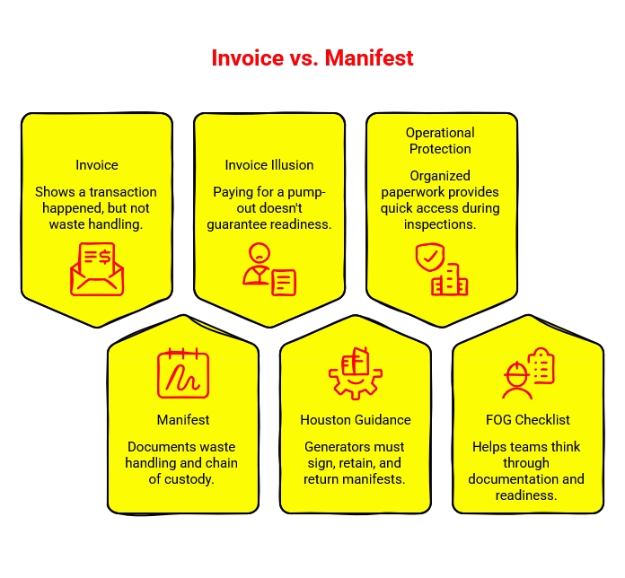 Invoice vs. Manifest: Infographic comparing grease trap invoices and manifests, explaining documentation, Houston guidance, chain of custody, and inspection readiness.