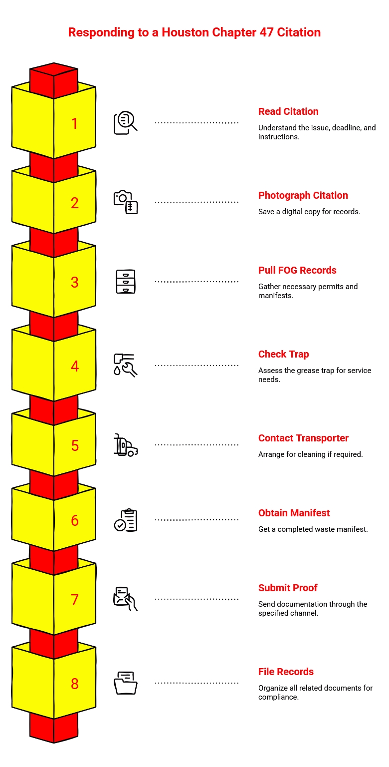 Step-by-step infographic for handling a Houston Chapter 47 citation, from reading and photographing it to gathering FOG records, checking the trap, obtaining a manifest, submitting proof, and filing records.