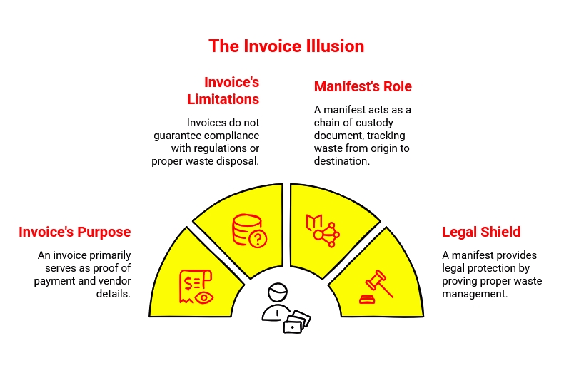 Infographic explaining that invoices prove payment and vendor details, while manifests document chain of custody, proper waste disposal, and compliance protection.