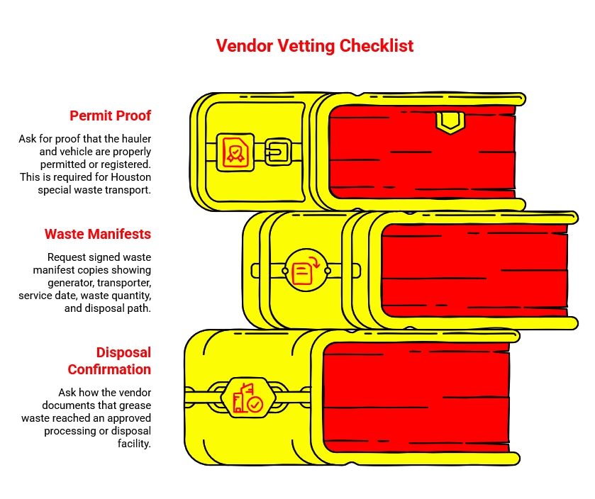 Checklist graphic for vetting grease trap vendors, covering permit proof, signed waste manifests, service dates, waste quantities, disposal path, and disposal confirmation.