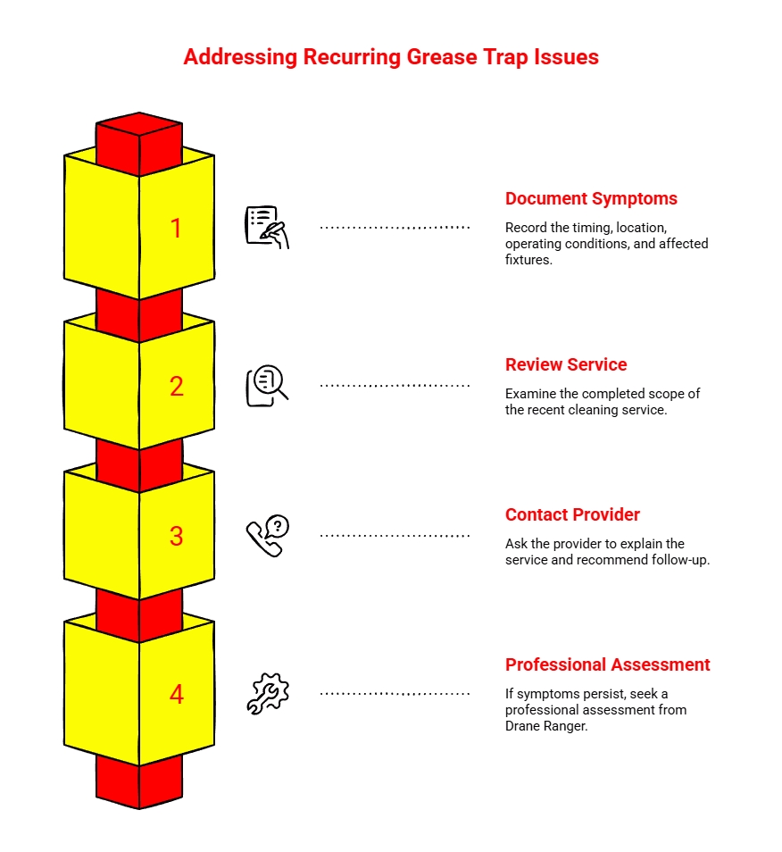 Addressing Recurring Grease Trap Issues: Step-by-step infographic showing how to handle recurring grease trap issues by documenting symptoms, reviewing service, contacting the provider, and seeking professional assessment.