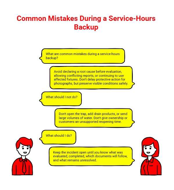 Common Mistakes During a Service-Hours Backup: Conversation-style infographic explaining what not to do during a grease trap backup, including avoiding premature root-cause claims, unsafe trap access, and unsupported reopening promises.