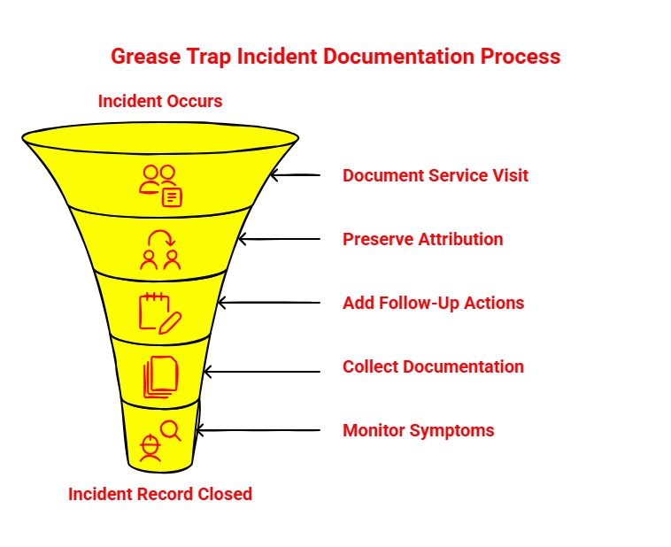 Grease Trap Incident Documentation Process: Funnel infographic showing how to document grease trap incidents from the initial event through service visit notes, attribution, follow-up actions, collected records, symptom monitoring, and closure.
