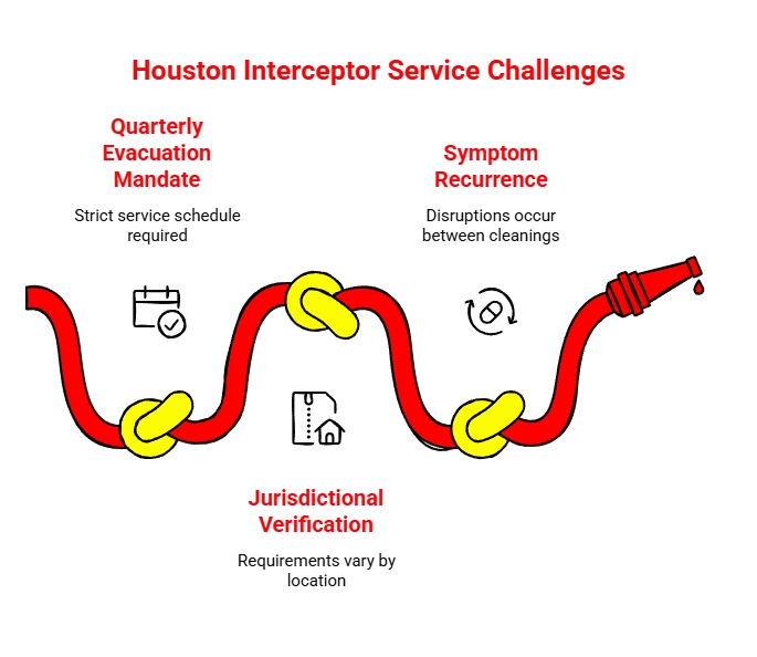 Houston Interceptor Service Challenges: Infographic showing Houston interceptor service challenges, including quarterly evacuation mandates, jurisdictional verification, and recurring symptoms between cleanings.