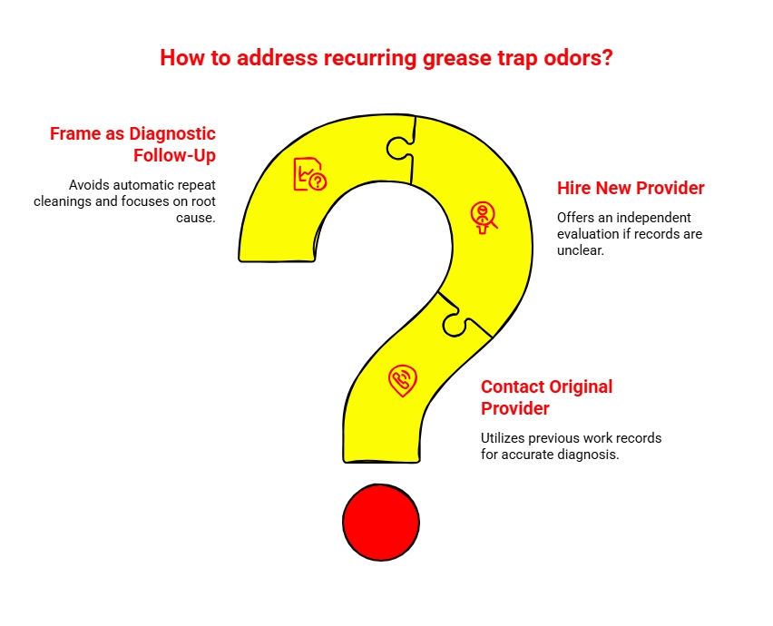Recurring Grease Trap Odors: Question mark infographic explaining how to address recurring grease trap odors through diagnostic follow-up, original provider review, or independent evaluation.