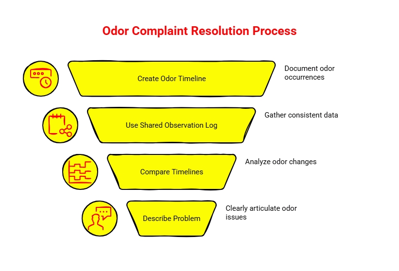 Odor Complaint Resolution Process: Funnel infographic showing an odor complaint process, from creating an odor timeline and shared observation log to comparing timelines and describing the problem.