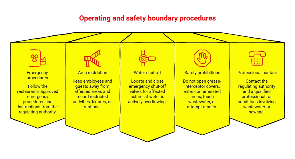 Operating and Safety Boundary Procedures: Safety procedure infographic covering emergency steps, area restriction, water shut-off, repair prohibitions, and professional contact for wastewater or sewage conditions.