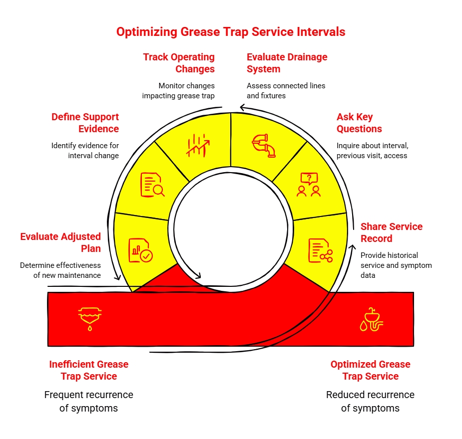 Optimizing Grease Trap Service Intervals: Infographic showing how to optimize grease trap service intervals by tracking operating changes, evaluating drainage, asking key questions, sharing records, and adjusting plans.