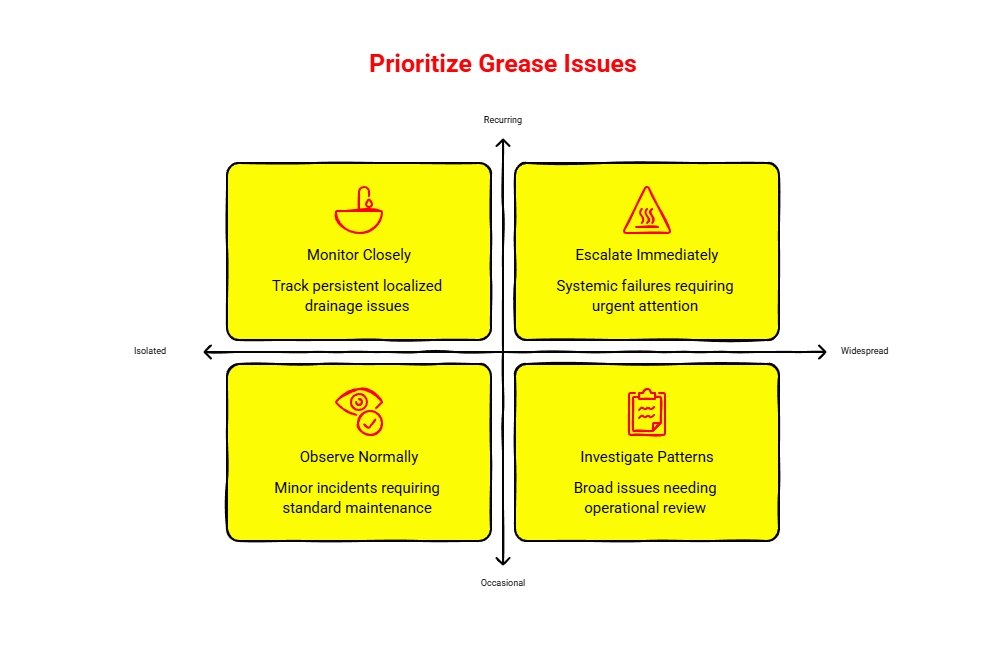 Prioritize Grease Issues: Four-quadrant chart showing how to prioritize grease issues by frequency and spread, from normal observation to monitoring, pattern review, or urgent escalation.