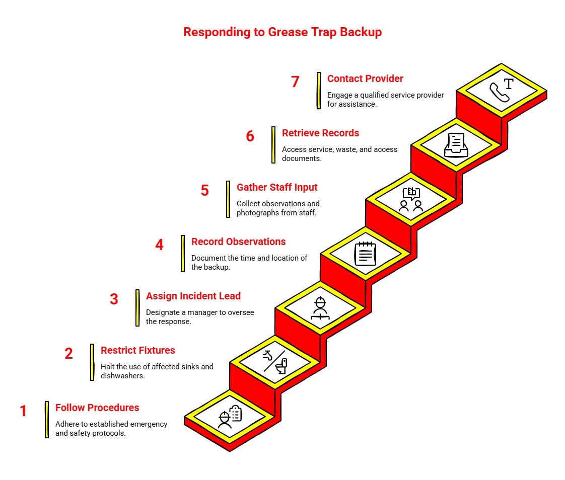 Responding to Grease Trap Backup: Step-by-step infographic showing a grease trap backup response process, from following safety procedures and restricting fixtures to recording observations, gathering input, retrieving records, and contacting a provider.