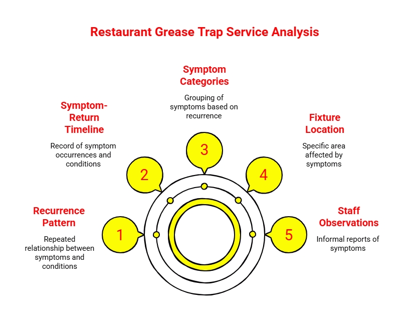 Restaurant Grease Trap Service Analysis: Diagram outlining grease trap service analysis factors, including recurrence patterns, symptom timelines, categories, fixture locations, and staff observations.