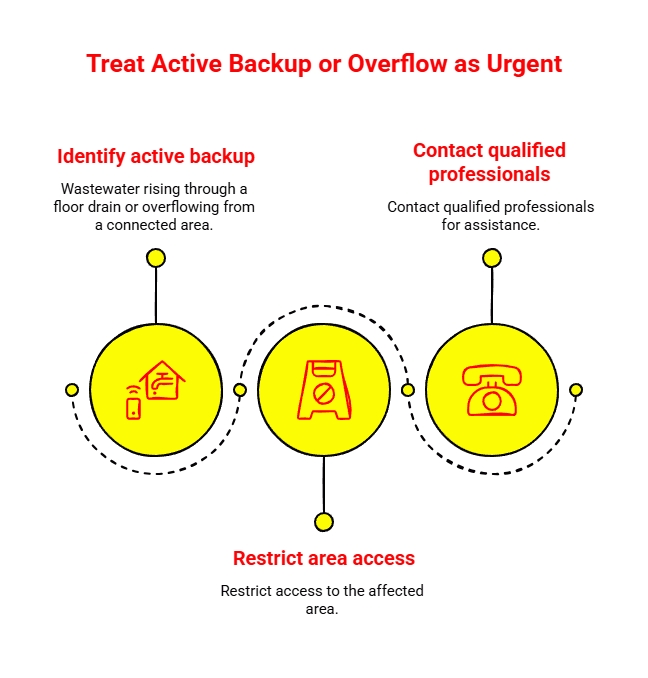 Urgent Backup or Overflow Response: Infographic showing urgent steps for active wastewater backup or overflow, including identifying the issue, restricting access, and contacting qualified professionals.