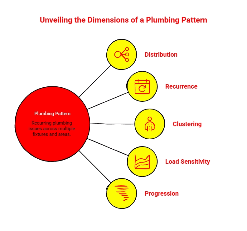 Plumbing Pattern Dimensions: Infographic explaining how recurring plumbing patterns are evaluated through distribution, recurrence, clustering, load sensitivity, and progression.