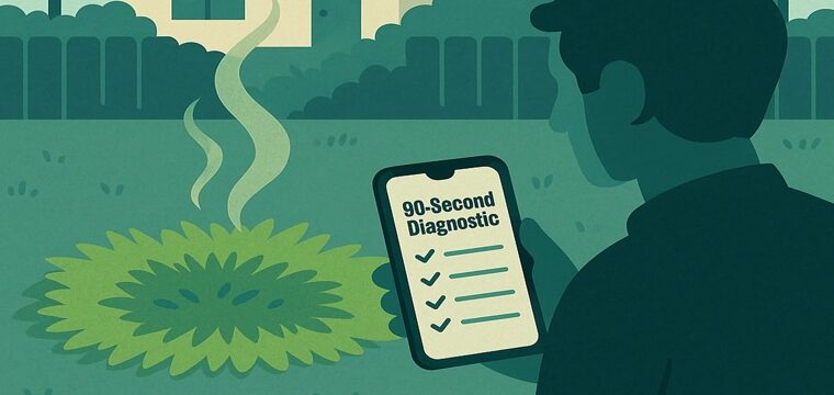 Homeowner viewing a 90-second diagnostic on a phone while a soggy, greener patch near a septic access lid emits faint odors.