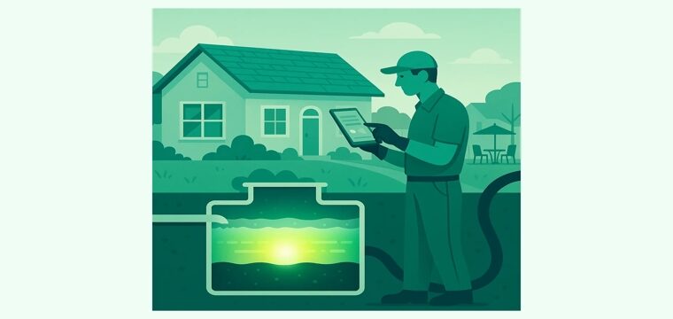 Flat illustration of a technician using a tablet inspecting a backyard septic-tank cutaway showing sludge, scum, and a glowing clear layer.