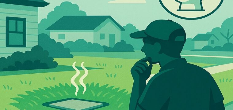 Homeowner noticing faint sewage odor over a greener patch above a septic tank lid, with an inset gurgling toilet icon.