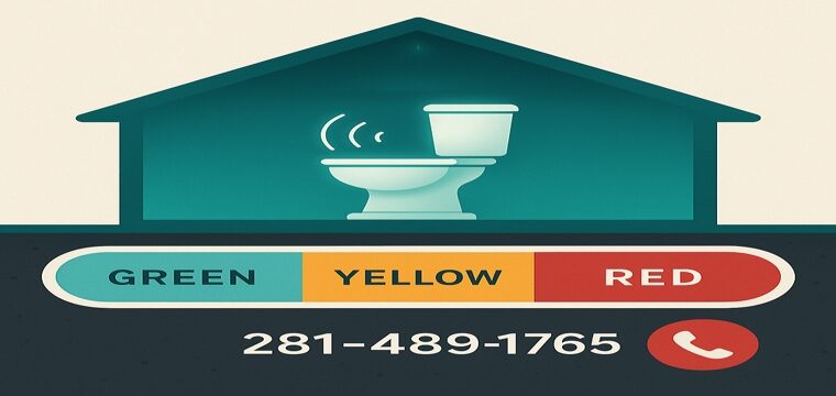 Stylized house cross-section with a gurgling toilet and Green–Yellow–Red severity gauge, plus emergency call CTA.
