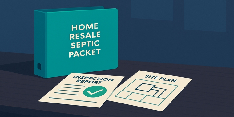 Teal binder titled “Home Resale Septic Packet” on a desk with an inspection report (green check) and a site plan.