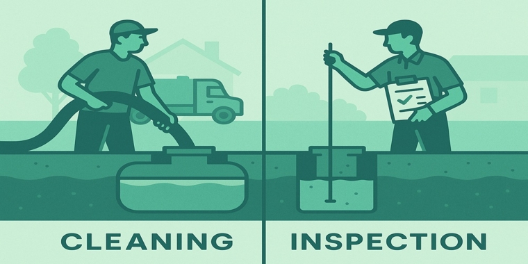 Split illustration: technician vacuuming a septic tank (left) and inspector using a sludge-judge with clipboard (right).