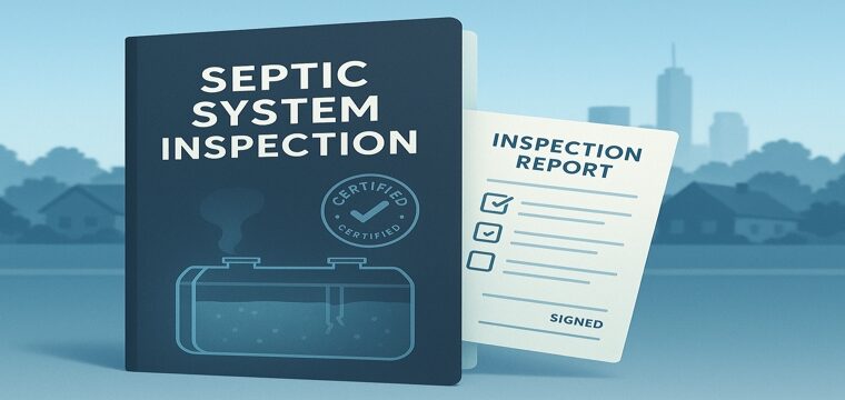 Stylized septic inspection booklet and signed inspection report with a schematic tank showing a cracked outlet baffle.