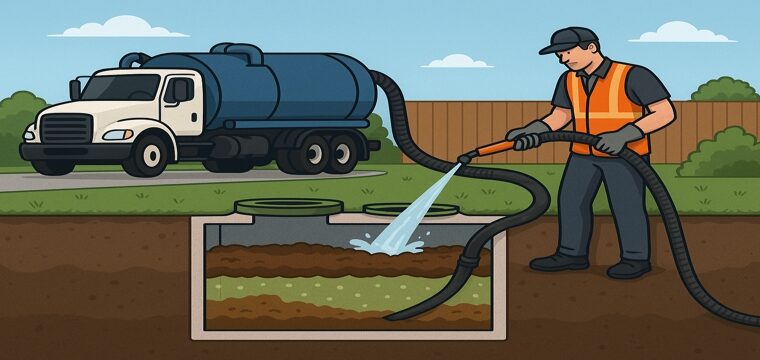 Technician hydro-jetting and vacuum-extracting sludge from a cross-section septic tank with a vacuum truck in a yard.