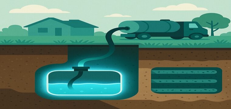 Stylized cross-section showing a vacuum truck pumping a septic tank and a healthy drain field.