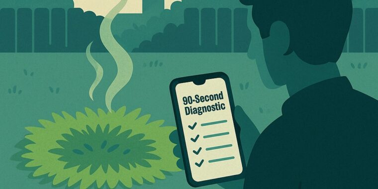 Homeowner viewing a 90-second diagnostic on a phone while a soggy, greener patch near a septic access lid emits faint odors.