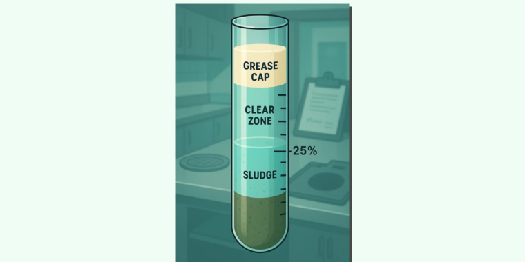 Stylized core-sampler tube showing grease cap, clear zone, and sludge with a 25% marker.
