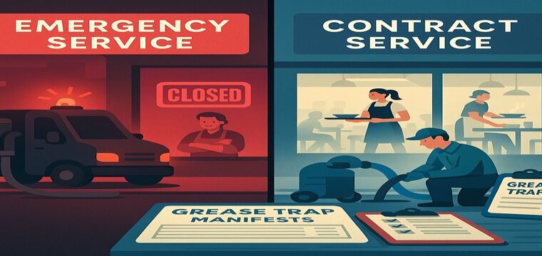 Split illustration: left - nighttime emergency grease-trap pump at closed restaurant; right - daytime scheduled service.