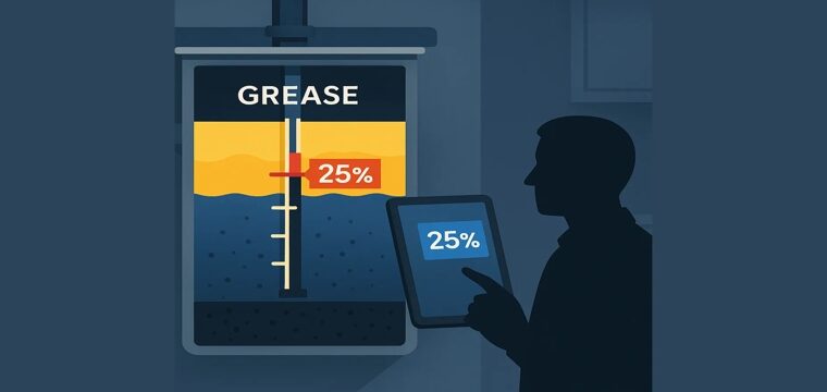 Stylized grease-trap cutaway showing grease, water, solids, a 25% marker, and a technician viewing a tablet.