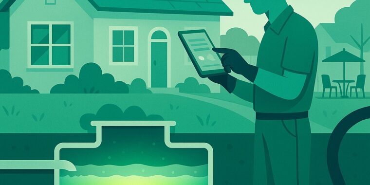 Flat illustration of a technician using a tablet inspecting a backyard septic-tank cutaway showing sludge, scum, and a glowing clear layer.