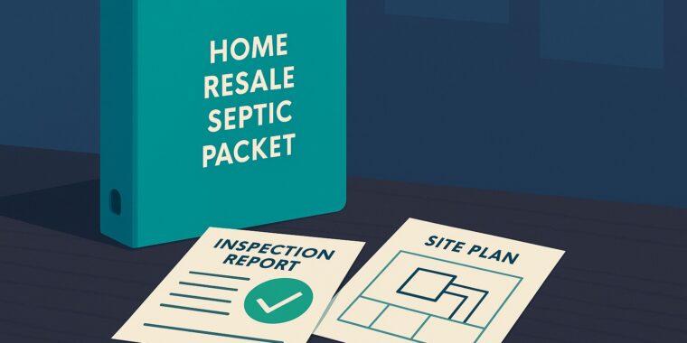 Teal binder titled “Home Resale Septic Packet” on a desk with an inspection report (green check) and a site plan.