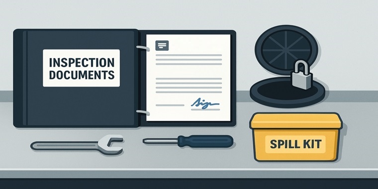 Open “Inspection Documents” binder with a signed manifest, unlocked sample-well lid, tools, and spill kit on a stainless counter.
